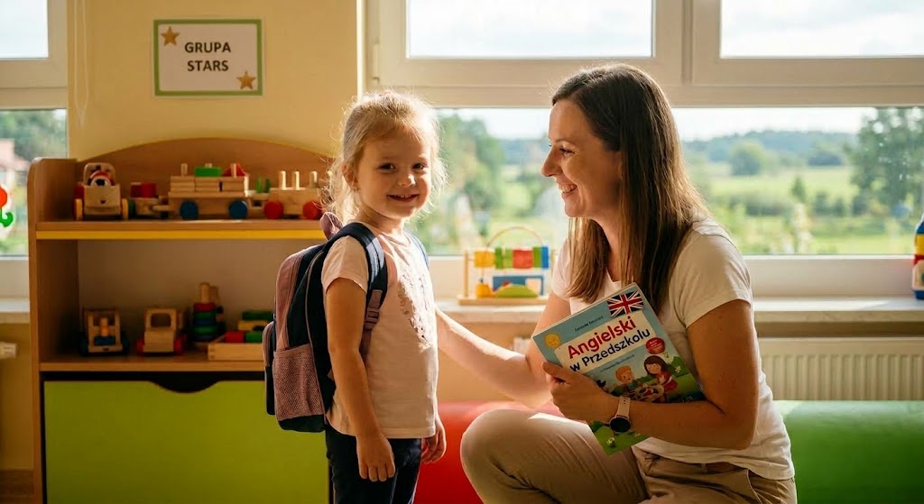 uśmiechnięta nauczycielka i dziecko podczas adaptacji w przedszkolu britiszek w ełku